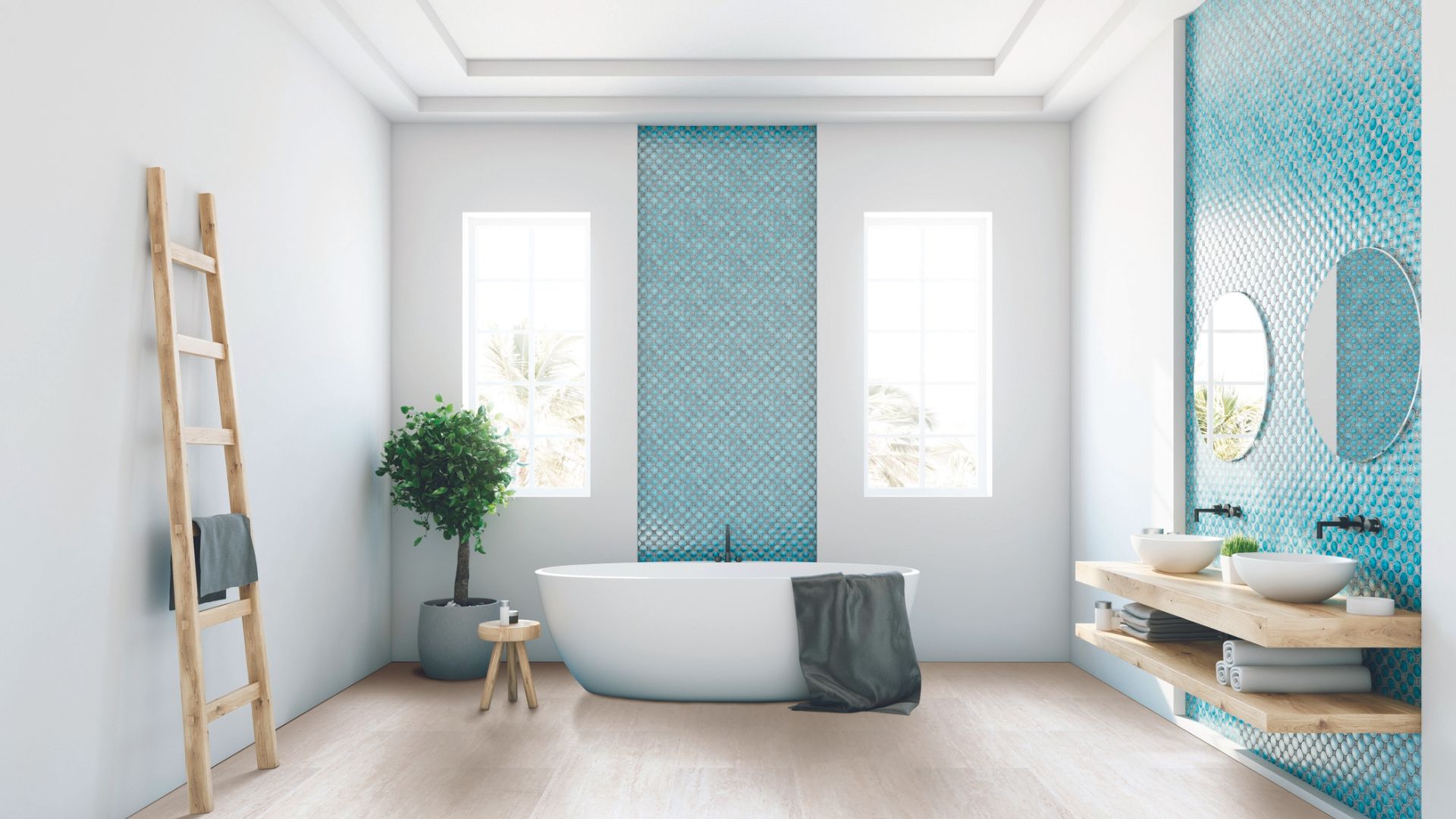 Tile flooring and backsplashes in a bathroom.